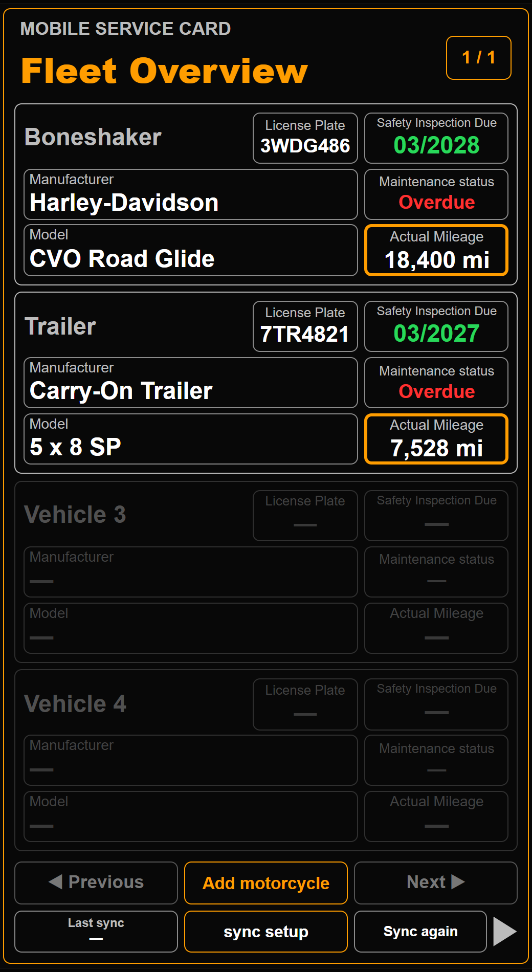 Fleet Overview showing a motorcycle and a trailer